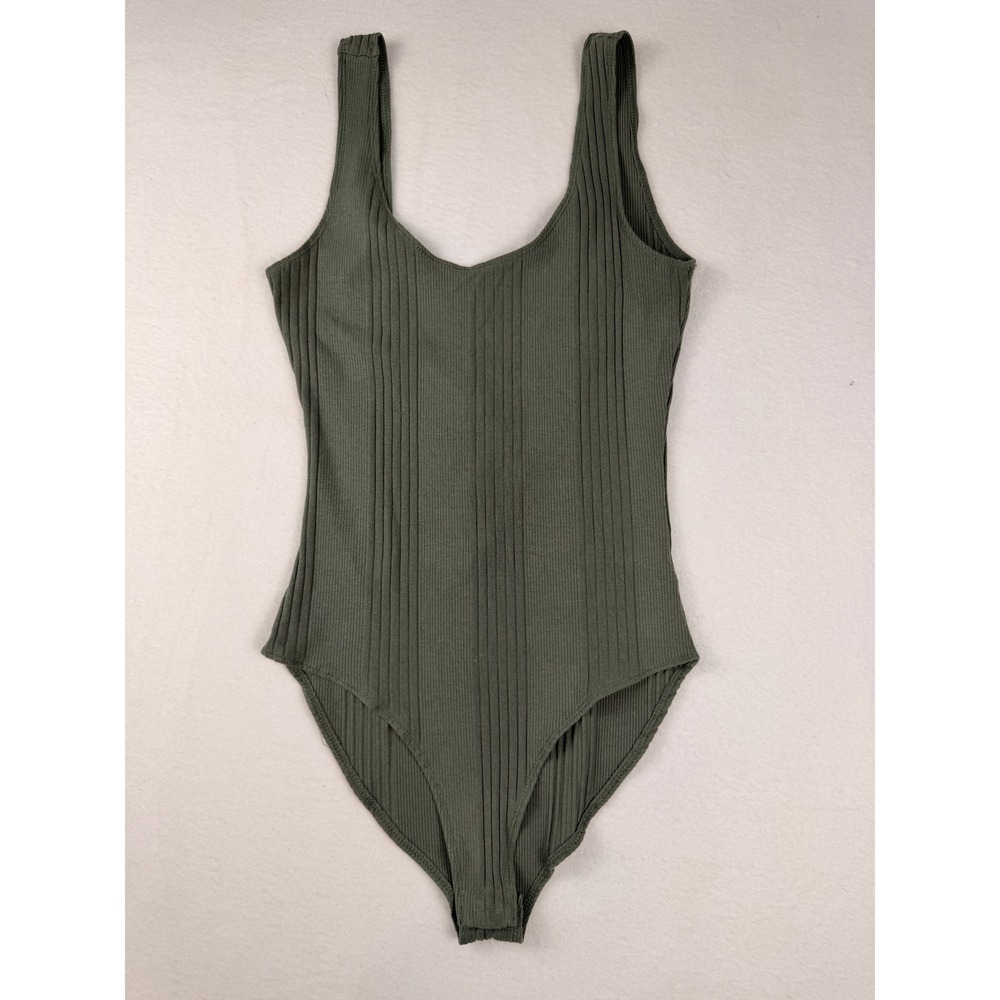 Urban Nation Olive Green Ribbed V-Neck Bodysuit Tank Earth Tones Womens M